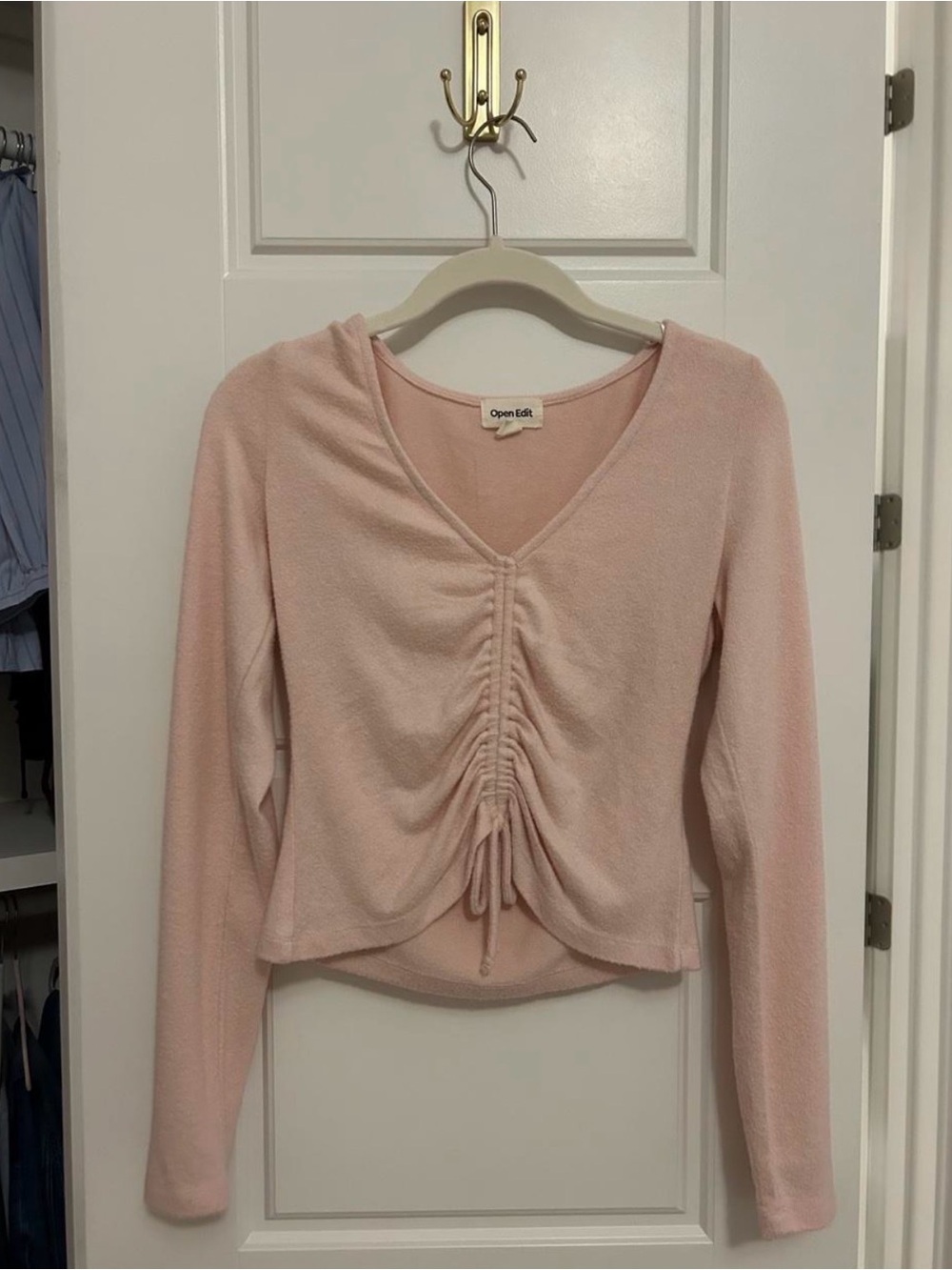 Open Edit Blush Pink Ruched V-Neck Long Sleeve Top